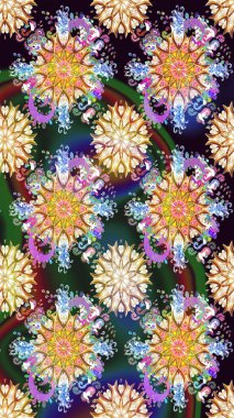 Çiçeksel fantezi tasarımı ve parlak bir arka plan çizimi. Renkli Bahar Teması eskiz kalıbı. Düz Çiçek Elementleri Tasarımı.