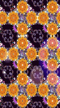 Siyah renkli şirin çiçek deseni. Raster Modaya uygun kumaş deseni. Renkli Bahar Teması eskiz kalıbı. Düz Çiçek Elementleri Tasarımı.