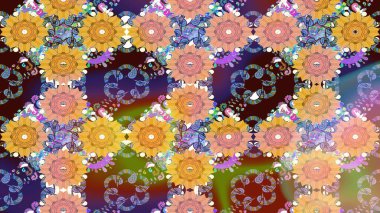 Raster illüstrasyonu. Kumaş, tekstil, duvar kağıdı baskısı için. Eski usul. Renkli desenli eskiz deseni, kahverengi çiçekler ve dekoratif elementlerle. Taslak arkaplan.