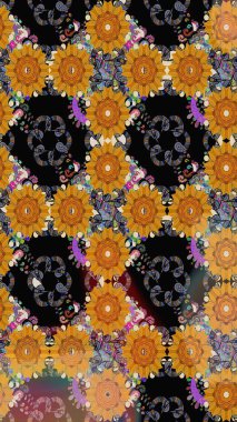 Varicoloblack Raster çizimi. Bir sürü siyah ve soyut çiçekli tropik eskiz deseni. Küçük çiçekte sevimli çiçek deseni var..