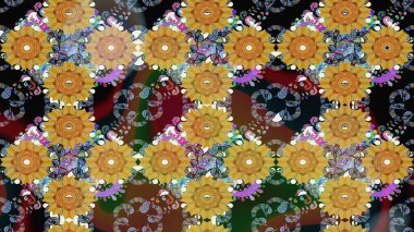 Millefleur 'lar. Oldukça eski bir besin torbası deseni, küçük sarı renkte, çiçekler. Tekstil, kumaş, kapaklar, duvar kağıtları, baskı, paket, koleksiyon defteri, örgü, dekupaj için çiçek arkaplanı..