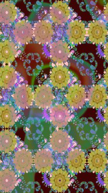 Parlak çiçekli yeşil renkler üzerine soyut çizim deseni. Çiçeksel elementlerle süslenmiş zarif raster dokusu. Küçük çiçekte şirin bir çiçek deseni var..