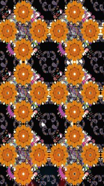 Çiçek desenli çizim. Raster illüstrasyonu. Asya tekstil tarzında. Siyah renkli çiçekler. Raster illüstrasyonu.