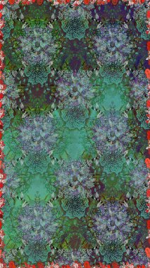 Küçük çiçekteki sevimli çiçek deseni. Varicologreen ve mavi raster pürüzsüz illüstrasyon. Bir sürü yeşil ve mavi soyut çiçekli tropikal desenler..