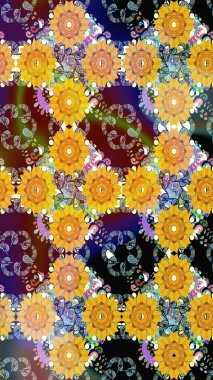 Kumaş desenli papatya çiçeği detayı. Sarı renkte çiçekler.