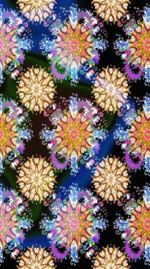 Çiçek desenli çizim. Raster illüstrasyonu. Asya tekstil tarzında. Güzel kumaş deseni. Renkli Bahar Teması eskiz kalıbı. Düz Çiçek Elementleri Tasarımı.