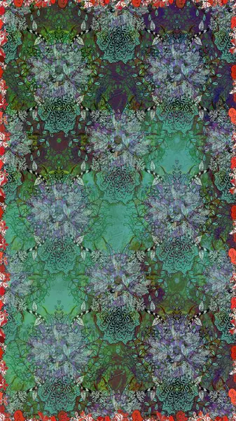 Küçük çiçekteki sevimli çiçek deseni. Varicologreen ve mavi raster pürüzsüz illüstrasyon. Bir sürü yeşil ve mavi soyut çiçekli tropikal desenler..