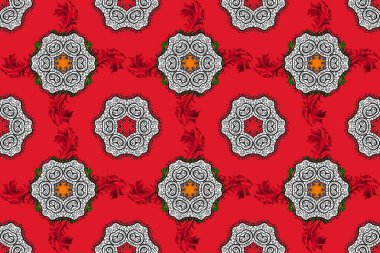 Kabile, Boho, Bohem tarzı, flaş dövme için. Raster renkli Mandala. Süslü davetiye kartı Beyaz, siyah ve kırmızı renklerde Vintage dekoratif elementler.