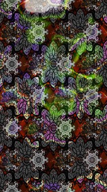 Asya tekstil tarzında. Renkli Bahar Teması eskiz kalıbı. Gri renkli çiçekler. Düz Çiçek Elementleri Tasarımı. Raster illüstrasyonu. Çiçek desenini çiz.