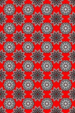 Mandala, siyah, kırmızı ve gri renkli bir madalyonlu kabile eskizi. Tibet yogası için sanat çiçekli desen. Bohem dekoratif unsur, Hint kına tasarımı, raster retro çember süsü..