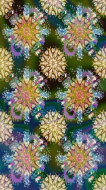 Çiçekli ipek eşarp. El çizimi çiçek unsurları olan soyut çizim raster deseni. 1950-1960 motifleri. Retro tekstil tasarım koleksiyonu. Yeşil yeşile.