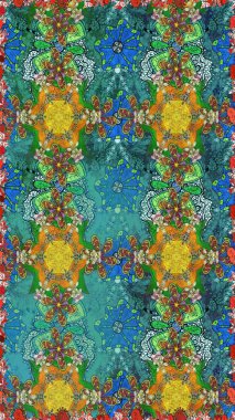 Parlak çiçekli kolaj çiçekleri mavi ve yeşil. Çiçekli zambaklar kusursuz bir arka plan. Çiçek tasarımı için inanılmaz kolaj cennet tarzı..