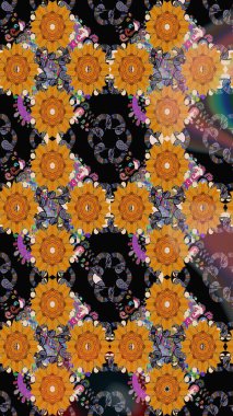 Nakış desenli çiçek deseni. Renkli grunge, soyut arkaplanı koloturuncu çiçeklerle süslüyor. İzler, kumaş, duvar kağıtları, tekstil için raster dokusu.