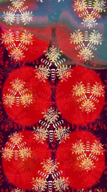 Halk tarzı. Parlak renkli çiçekli ve kırmızı yapraklı harika bir çiçek deseni. Moda baskıları için zarif bir şablon. Modern çiçek arkaplanı.