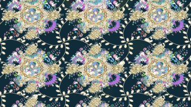Güzel, parlak, pürüzsüz kumaş, tuval. Eski moda arka plan. Raster illüstrasyonu. Kıvırcık, parlak örgü. Çiçek çelengi. Desen, çizim, çiçek sınırı..