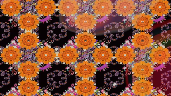 Turuncu ve siyah renklerde etnik çiçeklerle kusursuz bir desen. Asya Tekstil 'inde Raster Çiçek İllüstrasyonu.