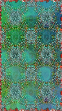 Kabile sanatı boho baskısı, klasik çiçek arkaplanı. Arkaplan dokusu, duvar kağıdı, yeşil ve mavi renkli çiçek teması. Soyut etnik raster pürüzsüz desen.