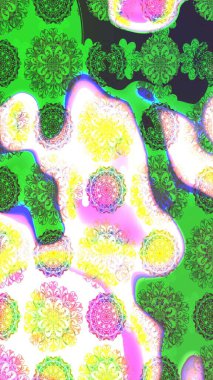 Raster Floral Illustration, Asyalı tekstil. Yeşil renkli etnik çiçeklerle zarif eskiz deseni.