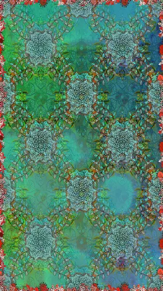 Kabile sanatı boho baskısı, klasik çiçek arkaplanı. Arkaplan dokusu, duvar kağıdı, yeşil ve mavi renkli çiçek teması. Soyut etnik raster pürüzsüz desen.