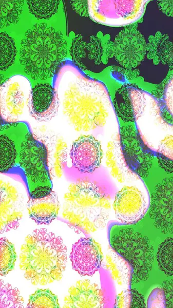 Raster Floral Illustration, Asyalı tekstil. Yeşil renkli etnik çiçeklerle zarif eskiz deseni.