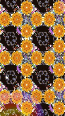 Renkli desenli eskiz deseni, sarı çiçekler ve dekoratif elementlerle. Eskiz geçmişi. Raster illüstrasyonu. Kumaş, tekstil, duvar kağıdı baskısı için. Antika retro tarzı.