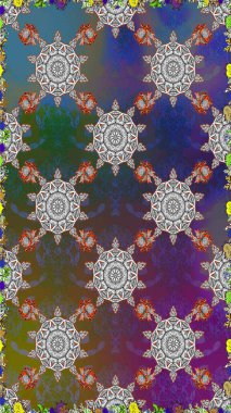 Yatak çarşafları, ceket, paket tasarımı, kumaş ve moda kavramları için tekstil baskısı. Çiçekleri, deniz kabukları, mandalaları ve suluboya efektleriyle donanma geçmişi. Kusursuz etnik tasarım.