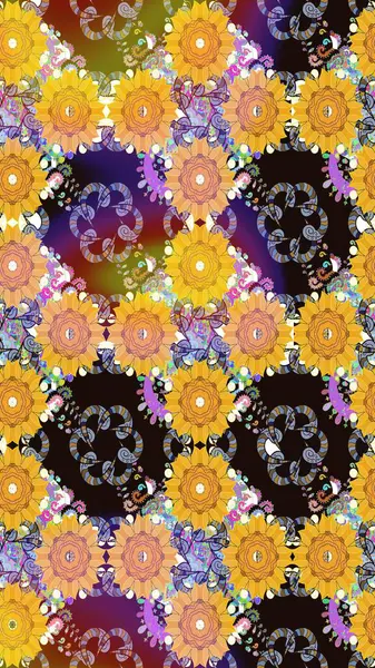 Raster illüstrasyonundaki çiçek desenli çizim. Sulu boya tarzında sarı renkte çiçekler.