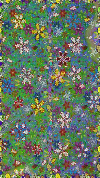 Raster illustration. In asian textile style on green and blue colors. Floral seamless pattern with watercolor flowers.