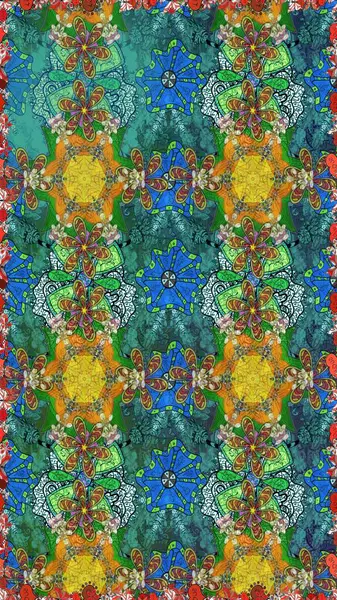 Yumuşak, bahar çiçekleri mavi ve yeşil renklerde. Çiçekli, pürüzsüz bir desen. Raster illüstrasyonu. Raster çiçekleri klasik tarzda resmedilir..