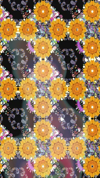 Sarı renkli etnik çiçekli zarif eskiz deseni. Raster Çiçek İllüstrasyonu güzel tekstil..