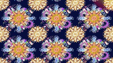 Düz Çiçek Elementleri Tasarımı. Karalama çiçeği. Renkli Bahar Temalı Kusursuz Arkaplan. Zentangle soyut çiçekleri. Güzel kumaş deseni. Raster illüstrasyonu.