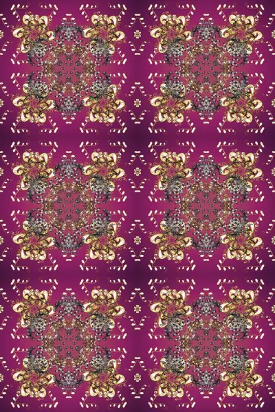 Düz elle çizilmiş klasik koleksiyon. Arkaplan, kumaş, altın duvar kağıdı. Altın desenli mor, bej ve kahverengi renkler ve altın elementler. Raster altın pürüzsüz desen.