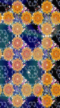 Yapraklı çiçekler ve mavi renkli papatya çiçekleri. Eskiz arkaplan modeli. Raster - stok.