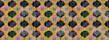 Çiçek ve yapraklı karalama şeklinde Raster çiçek deseni. Sarı ve mavi renklerde bahar çiçekleri. Raster illüstrasyonu.