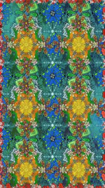 Renkli Yaz Temalı Kusursuz Arkaplan. Çiçekli kusursuz retro desen. Yeşil ve mavi renkte çiçekler. Düz Çiçek Elementleri Tasarımı.