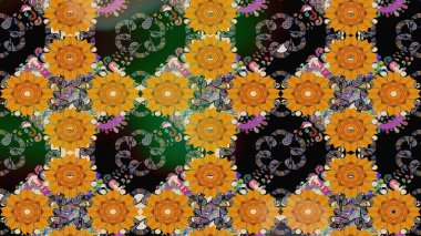 Renkli grunge, soyut arkaplanı coloyellow çiçekleri ile zenginleştirir. Parmak izi, kumaş, duvar kâğıdı, tekstil için raster dokusu. Nakış desenli çiçek deseni..