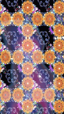 Parlak renkli çiçekleri ve mor renkli yaprakları olan harika bir çiçek deseni. Moda baskıları için zarif bir şablon. Modern çiçek arkaplanı. Halk stili.