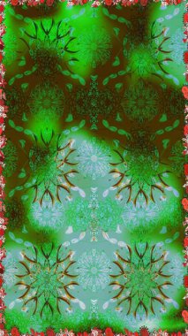 Raster illüstrasyonunda kusursuz çiçek deseni. Suluboya tarzında yeşil ve kahverengi renkte çiçekler.