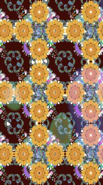 Raster illüstrasyonundaki çiçek desenli çizim. Kahverengi renkte çiçekler.