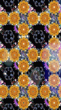 Eskiz klasiği. Raster Şirin kumaş deseni. Renkli Bahar Teması eskiz kalıbı. Düz Çiçek Elementleri Tasarımı.