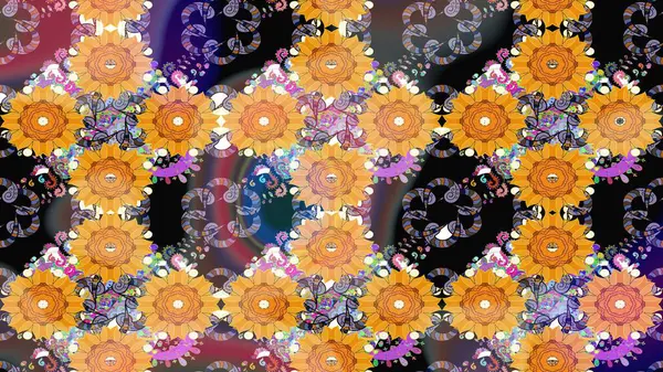 Renkli Bahar Teması eskiz kalıbı. Düz Çiçek Elementleri Tasarımı. Sarı renkli çiçekler. Sevimli çiçek raster deseni.