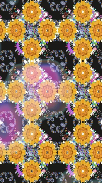 El çizimi çiçekli soyut çizim kalıbı. Raster illüstrasyonu. Sarı renkte çiçekler.