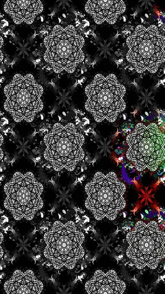 Siyah renkli etnik çiçeklerle süslenmiş zarif bir eskiz şekli. Raster Çiçek İllüstrasyon Şirin Tekstil.