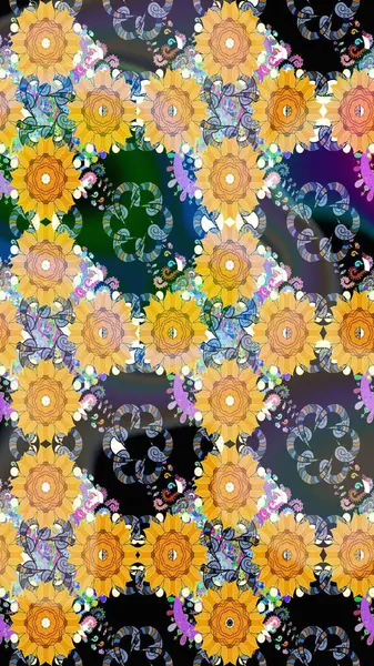 Raster illüstrasyonundaki çiçek desenli çizim. Sarı renkli çiçekler. Renkli Bahar Teması eskiz kalıbı. Düz Çiçek Elementleri Tasarımı.