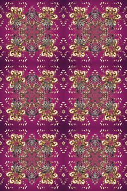 Düz elle çizilmiş klasik koleksiyon. Arkaplan, kumaş, altın duvar kağıdı. Altın desenli mor, bej ve kahverengi renkler ve altın elementler. Raster altın pürüzsüz desen.