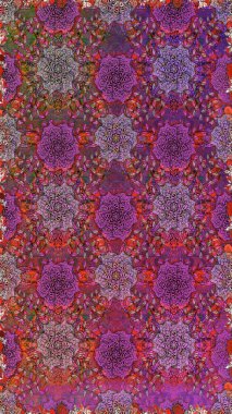Raster Floral Illustration in asian textile. Elegance seamless pattern with ethnic flowers on purple and brown colors.