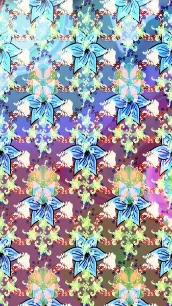 Eskiz arkaplan modeli. Yapraklı çiçekler ve doğal renklerde papatya çiçekleri. Raster - stok.