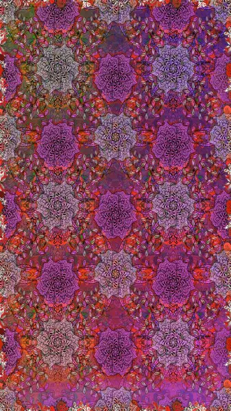 Raster Floral Illustration in asian textile. Elegance seamless pattern with ethnic flowers on purple and brown colors.