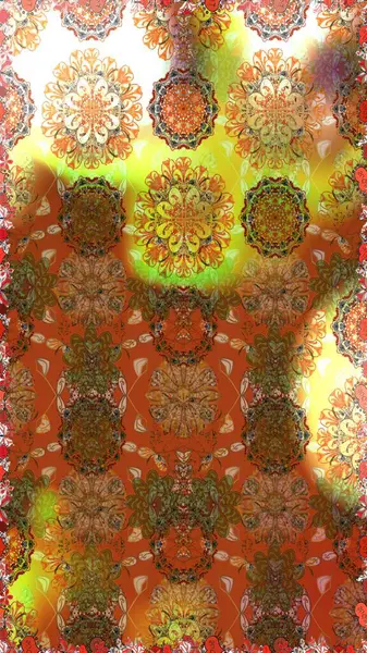 Modern çiçek arkaplanı. Parlak renkli çiçekleri ve kahverengi ve bej renklerinde yaprakları olan şaşırtıcı, pürüzsüz çiçek deseni. Moda baskıları için zarif bir şablon. Halk stili.