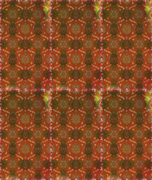 Raster - stok. Kusursuz bir arka plan modeli. Yapraklı çiçekler ve kahverengi renkli papatya çiçekleri..